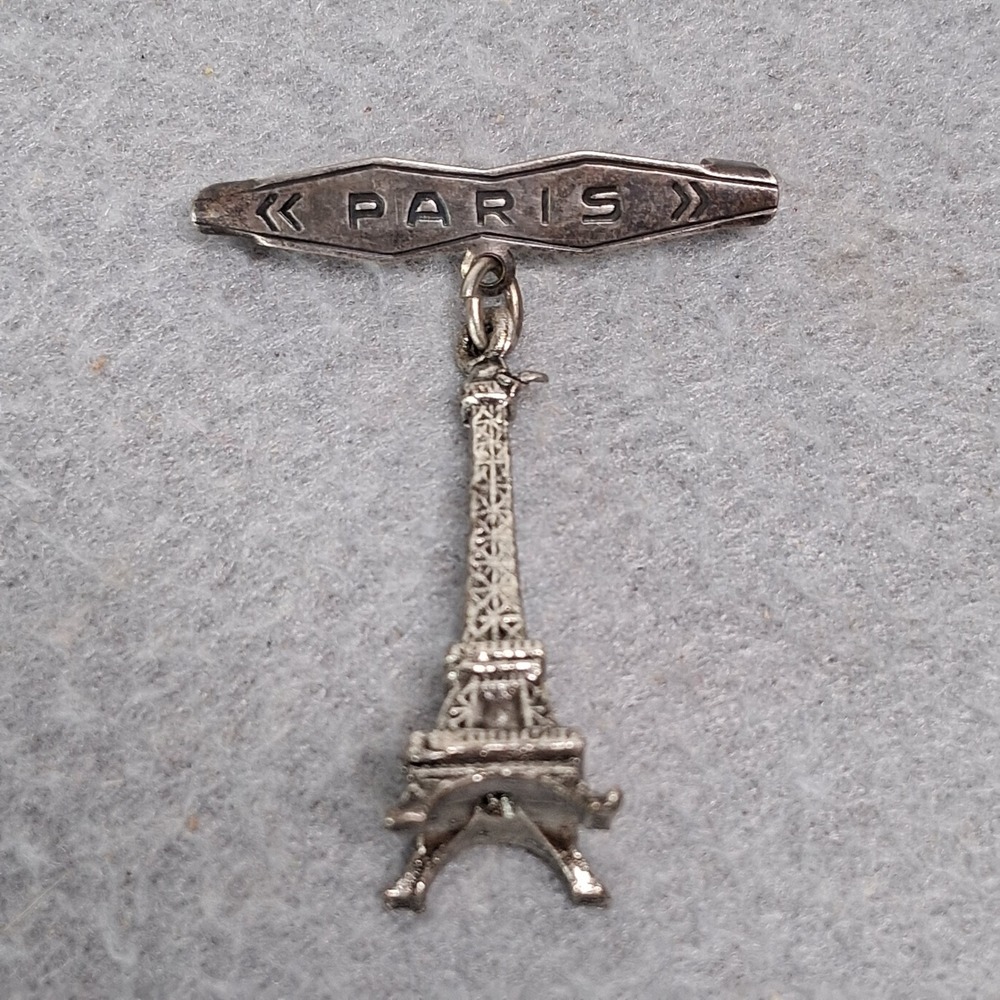 Vintage Paris Eiffel Tower Dangle Brooch Pin Silver Tone Travel Souvenir